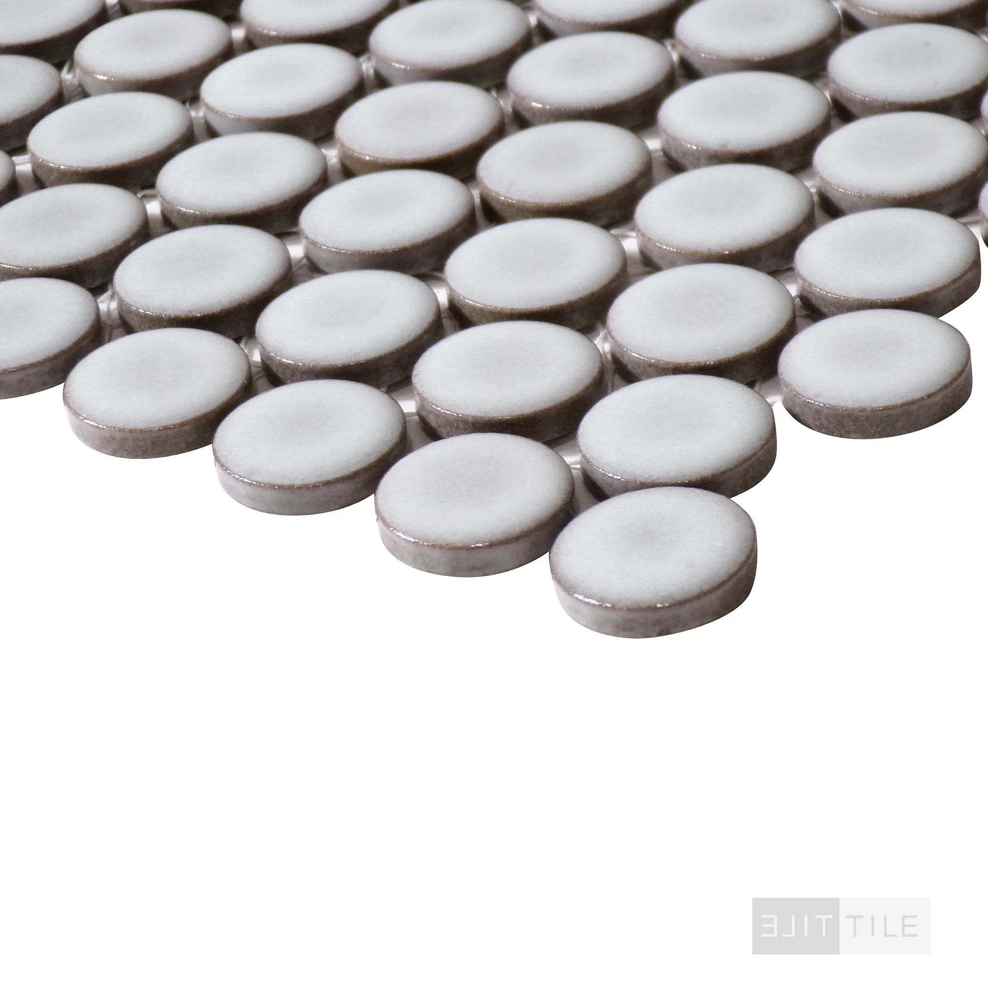 360° 3/4" Penny Round Glazed Porcelain Mosaic 12X12 Dove Grey Gloss - Image 4