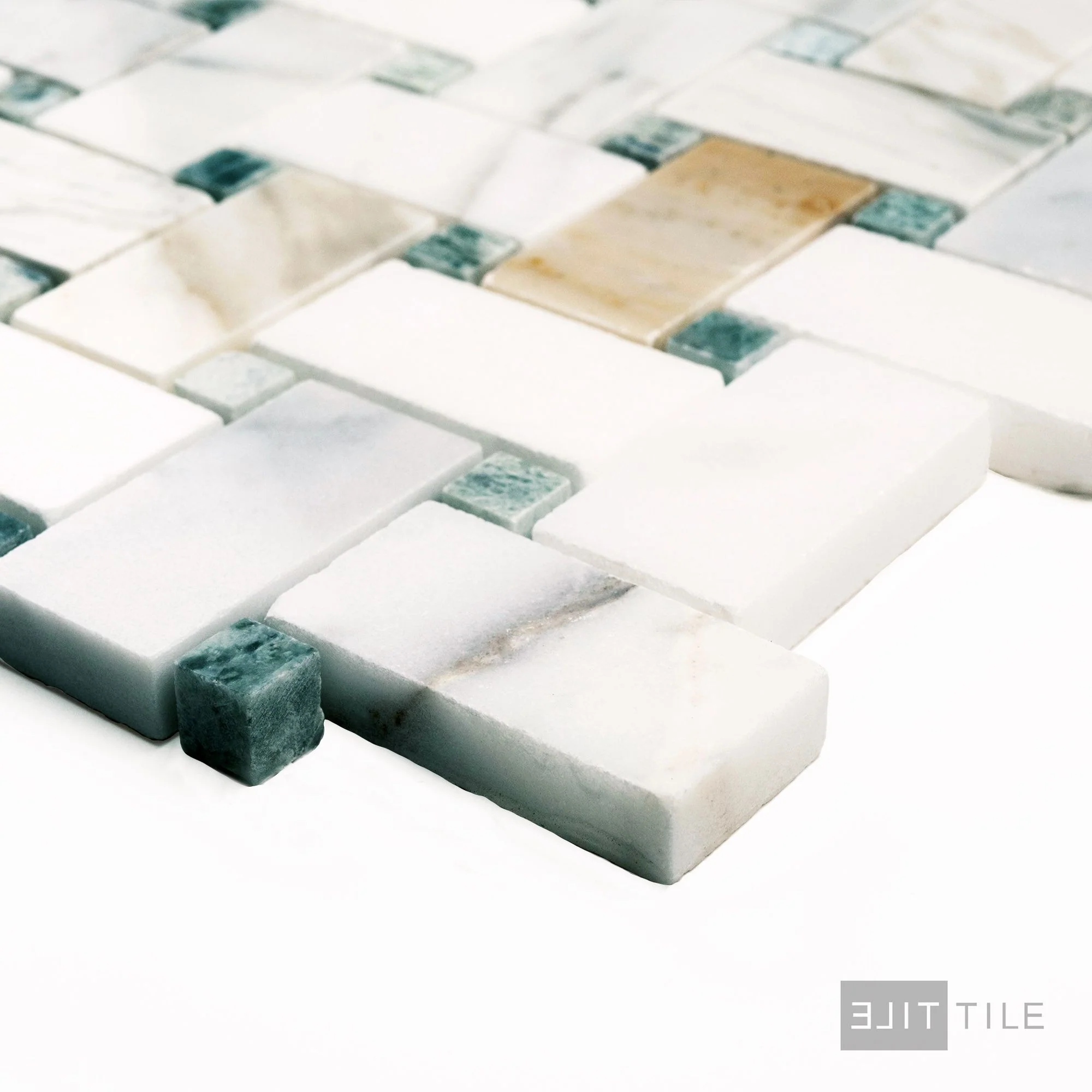 Calacatta Gold Marble Basketweave W/Green Dot Polished Mosaic - Image 3