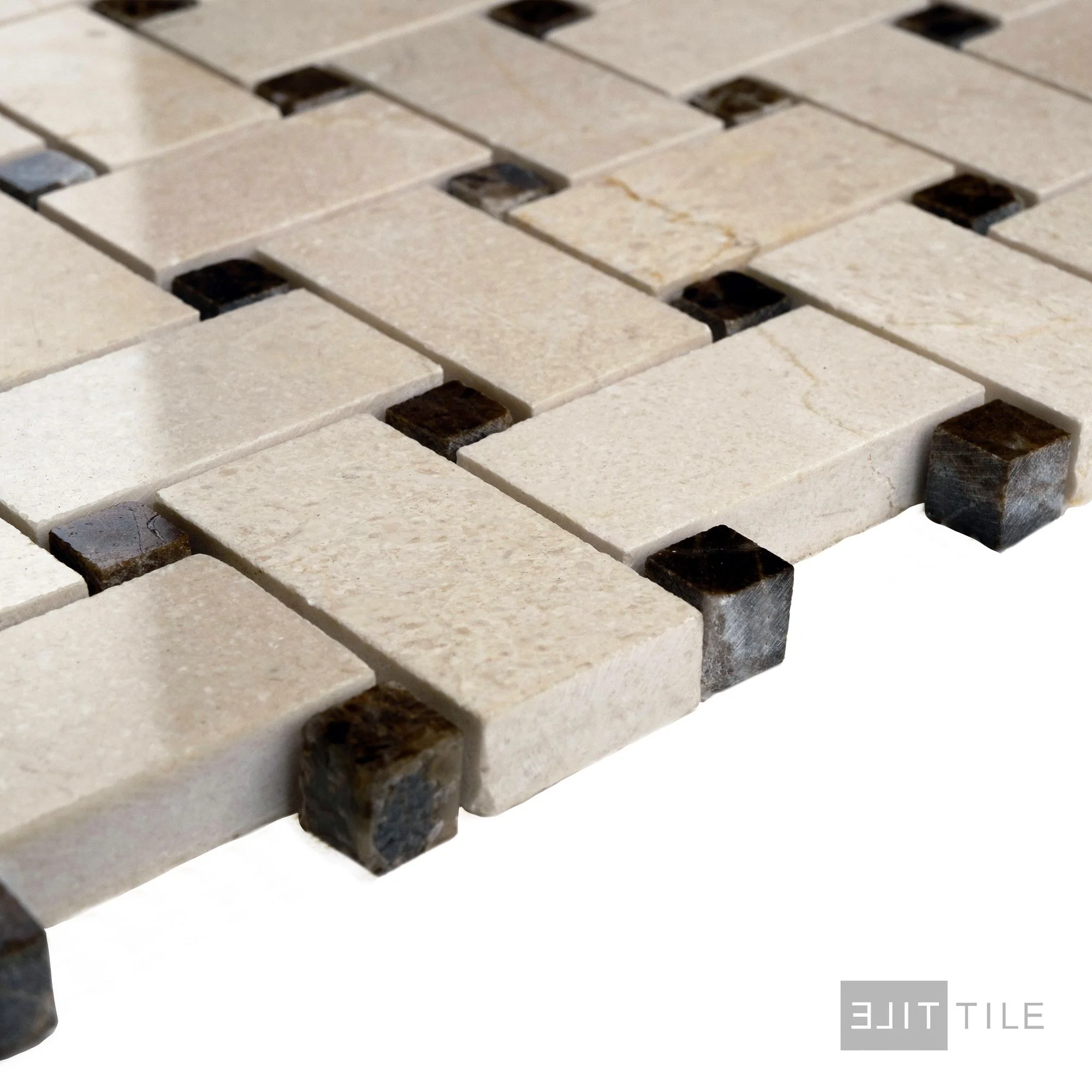 Crema Marfil Marble Basketweave W/ Brown Dot Polished Mosaic - Image 3
