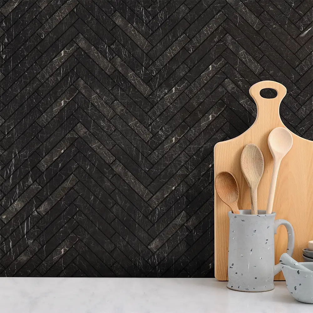 Iris Black Marble 5/8X3 Herringbone Mosaic 12-1/8X13-3/8 Iris Black Honed - Image 2