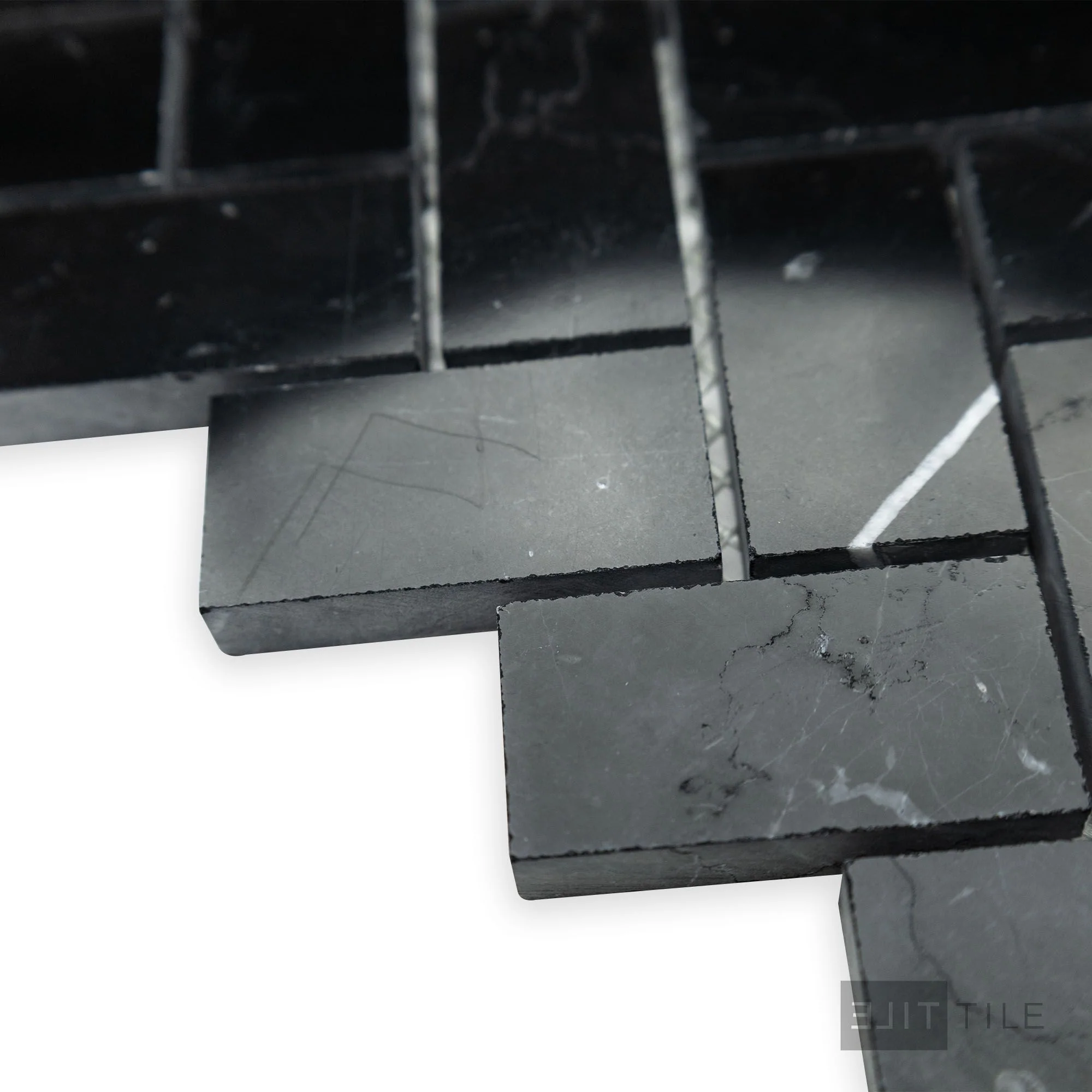 Negro Marquina Marble 1X2 Herringbone Polished Mosaic - Image 3