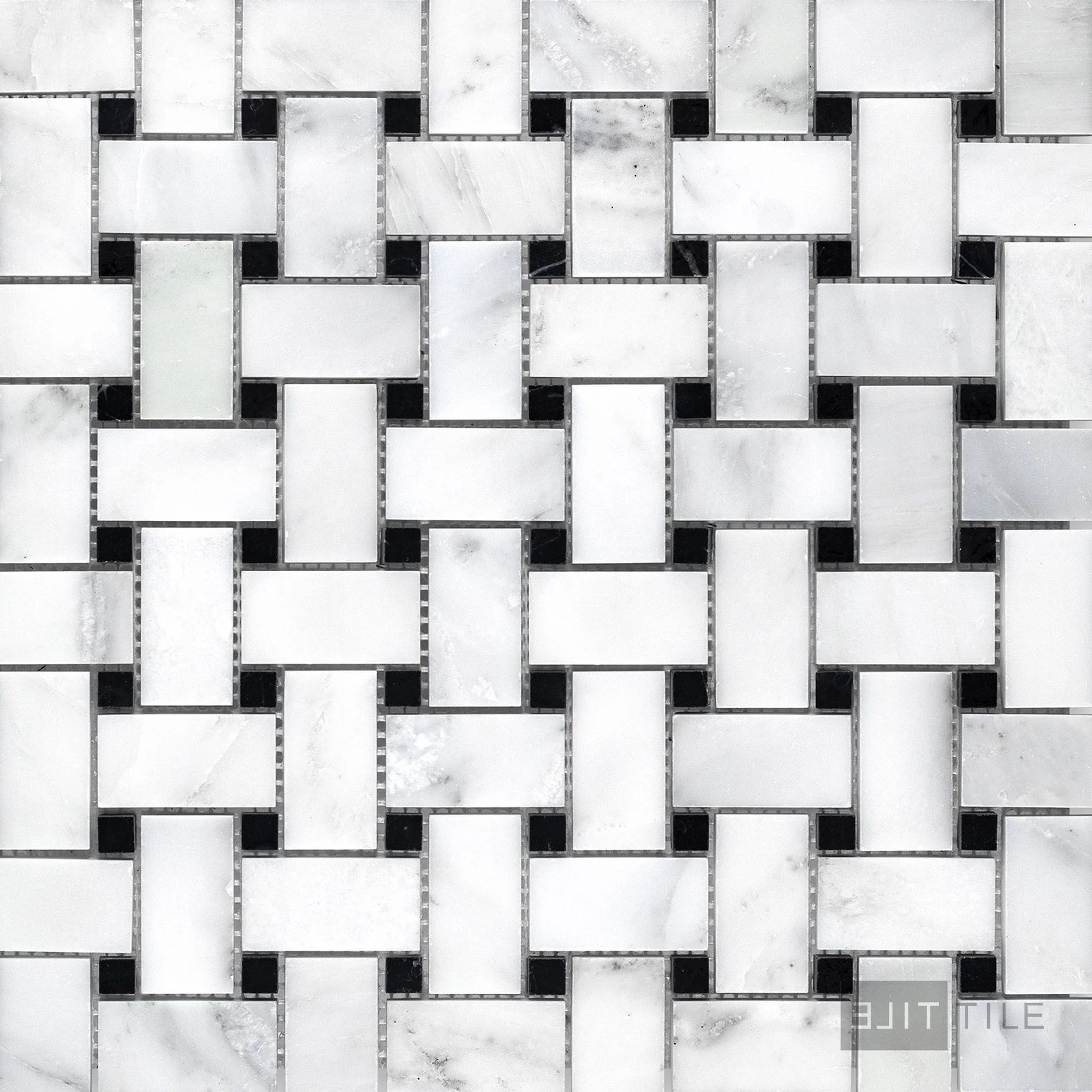 Oriental White Marble Basketweave W/ Black Dot Honed Mosaic