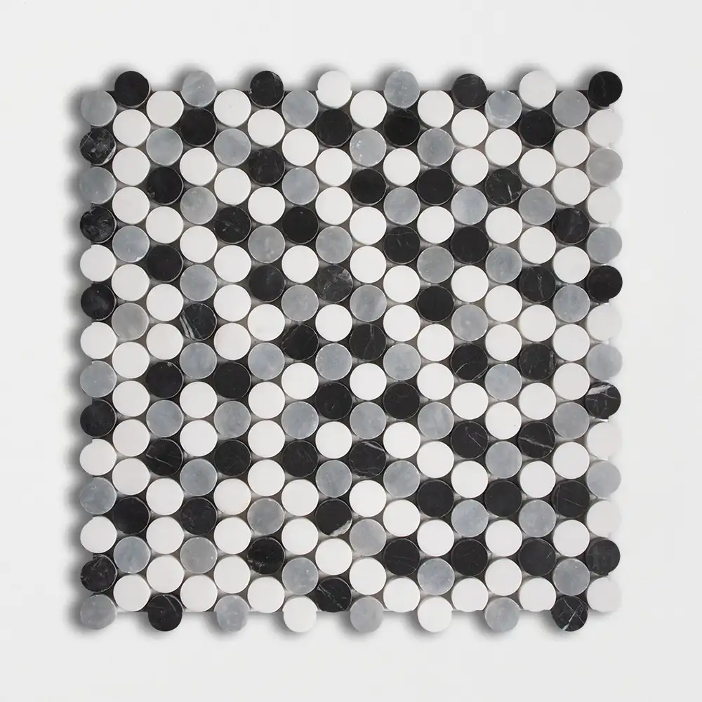 Penny Round Mosaic Collection 11.25X11.75 Black Snow White Allure Honed