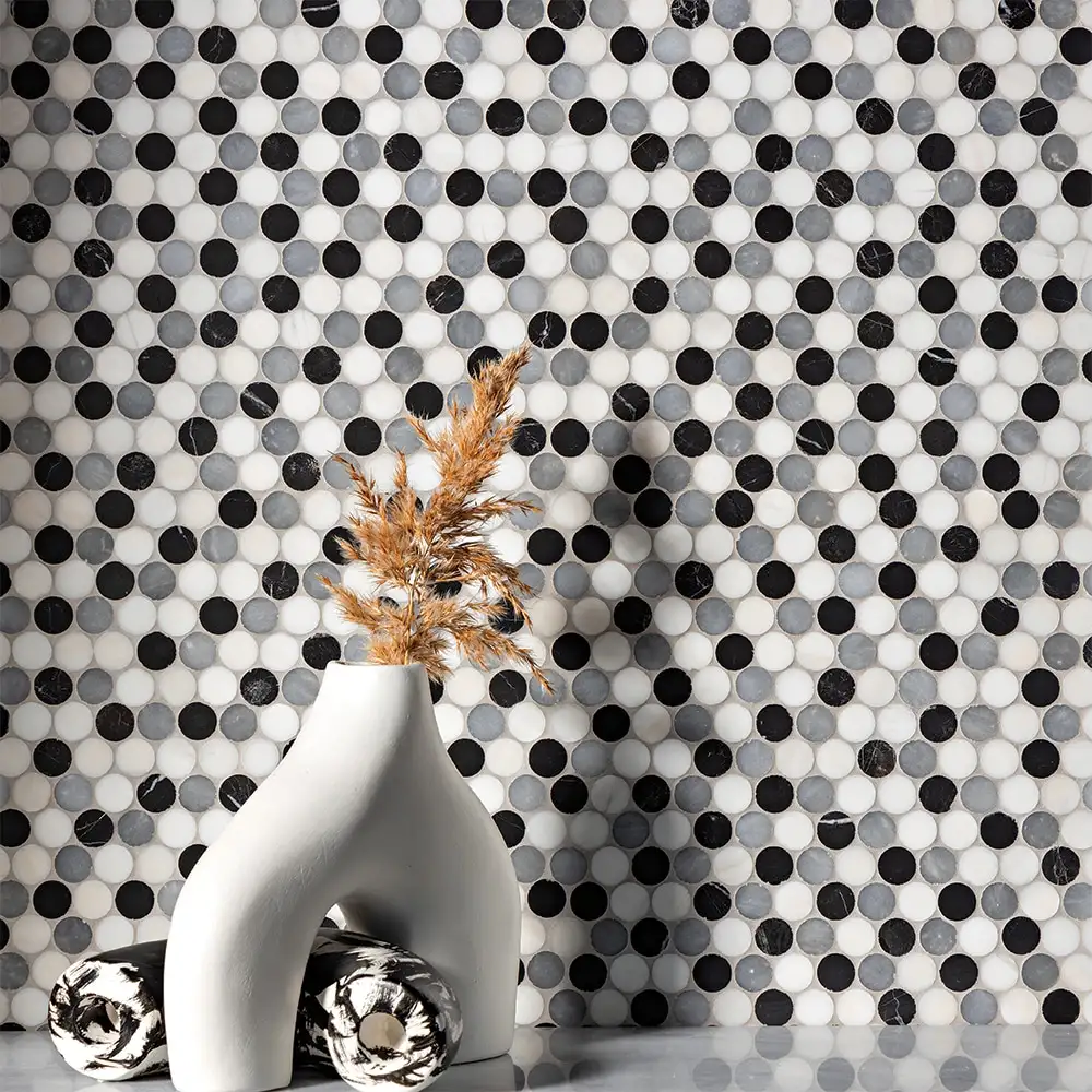 Penny Round Mosaic Collection 11.25X11.75 Black Snow White Allure Honed - Image 2