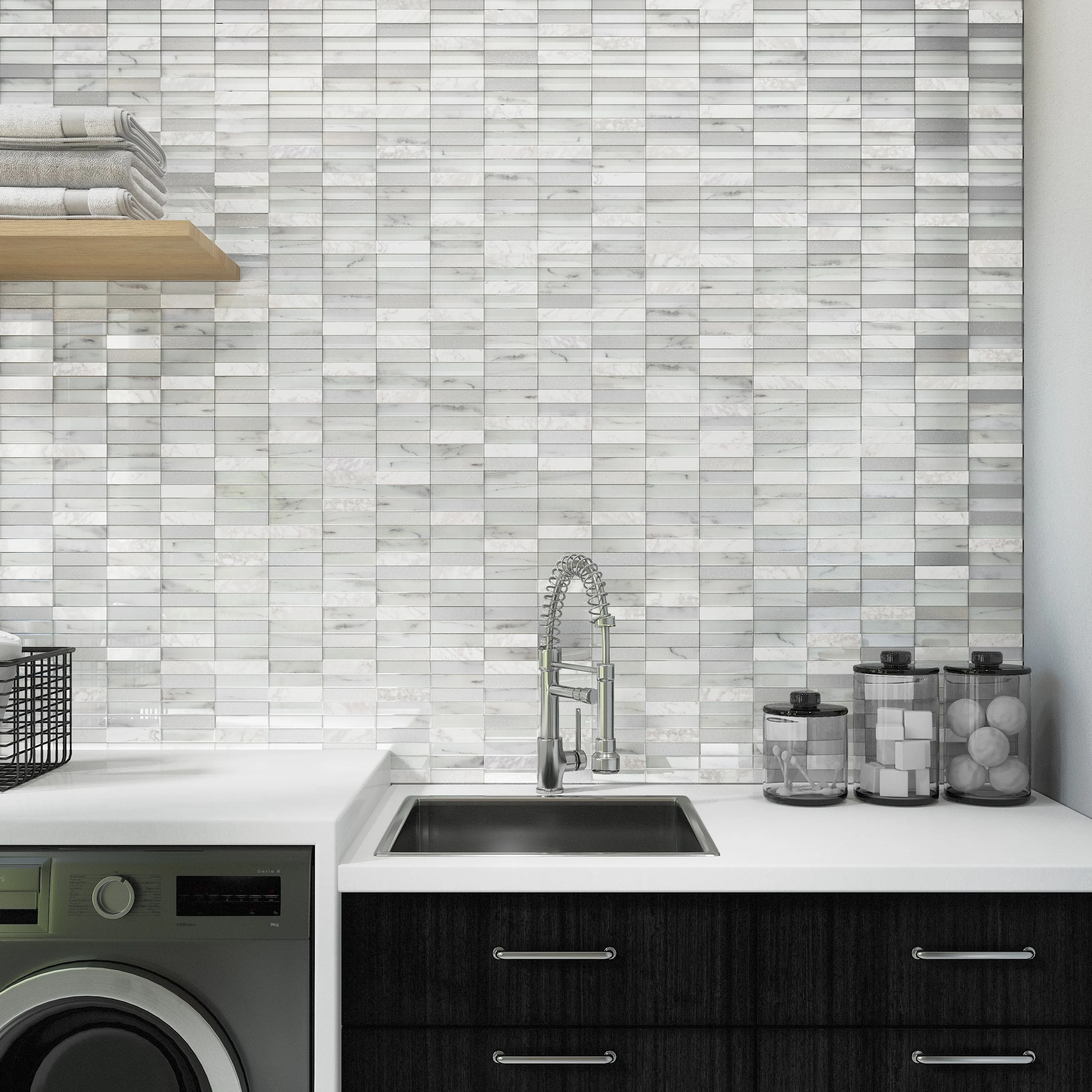 Perfit Mosaix 1X4 Natural Stone Mosaic 18X12 White Carrara & Glass Polished - Image 2