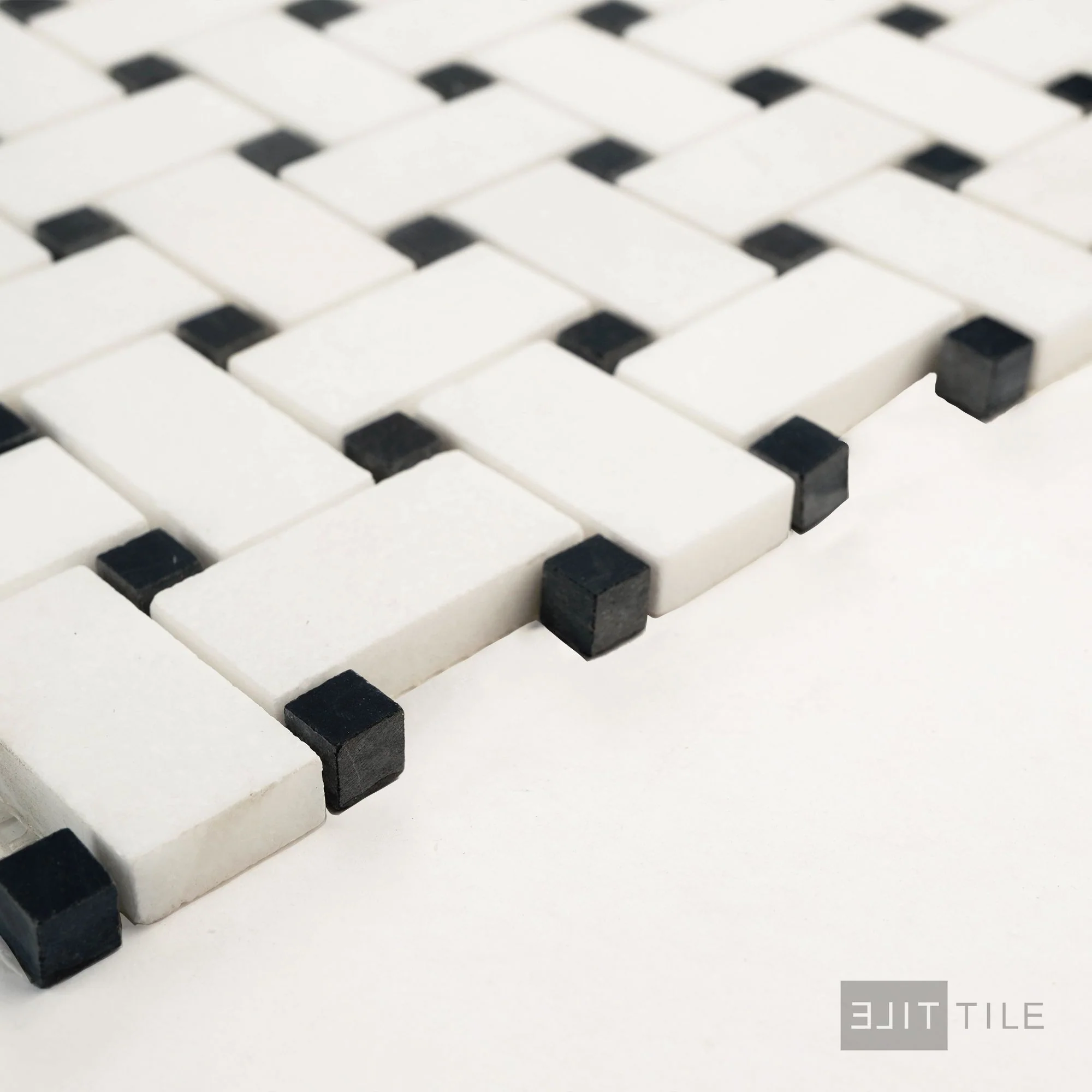 Thassos White Marble Basketweave W/ Black Dot Honed Mosaic - Image 3