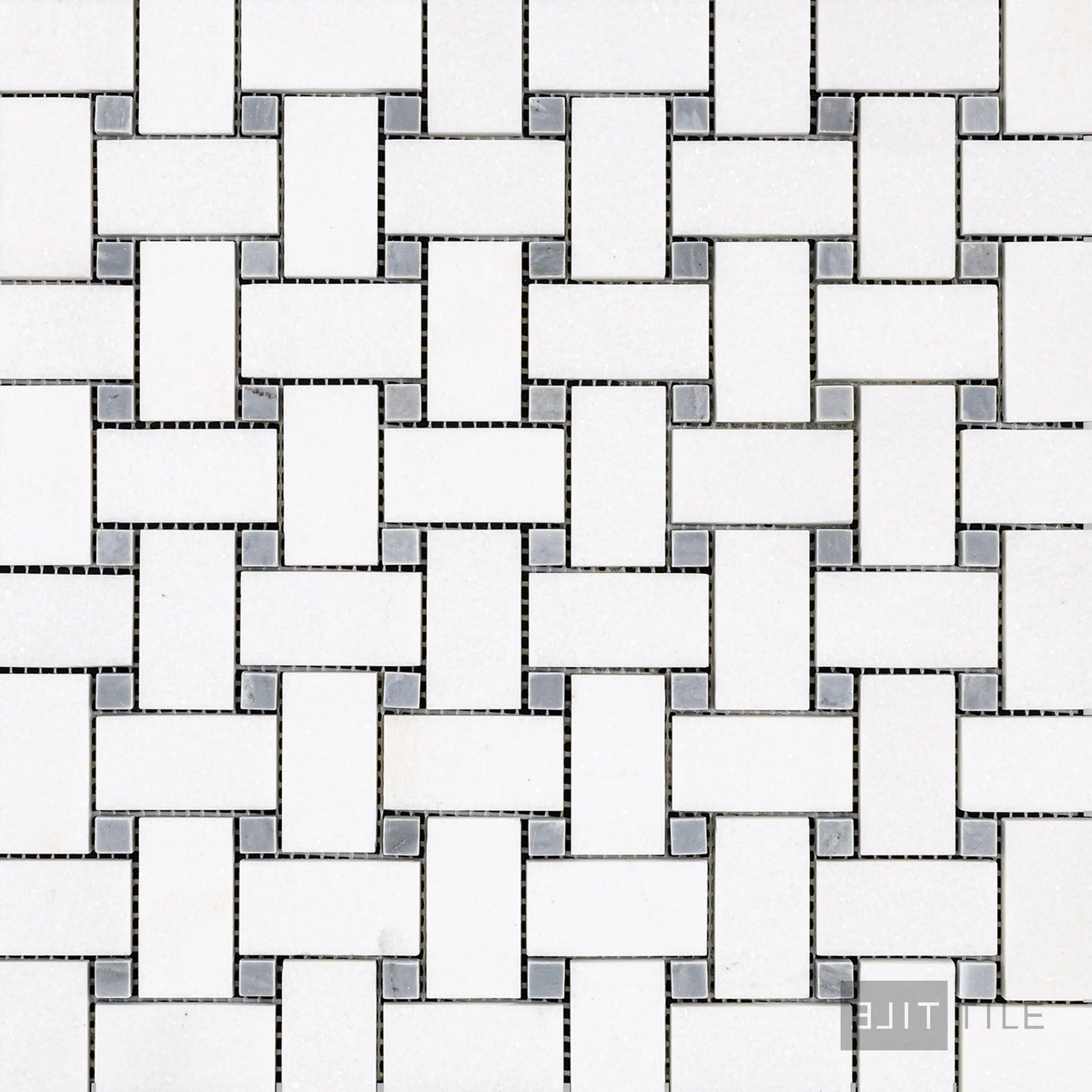 Thassos White Marble Basketweave W/ Blue Dot Honed Mosaic