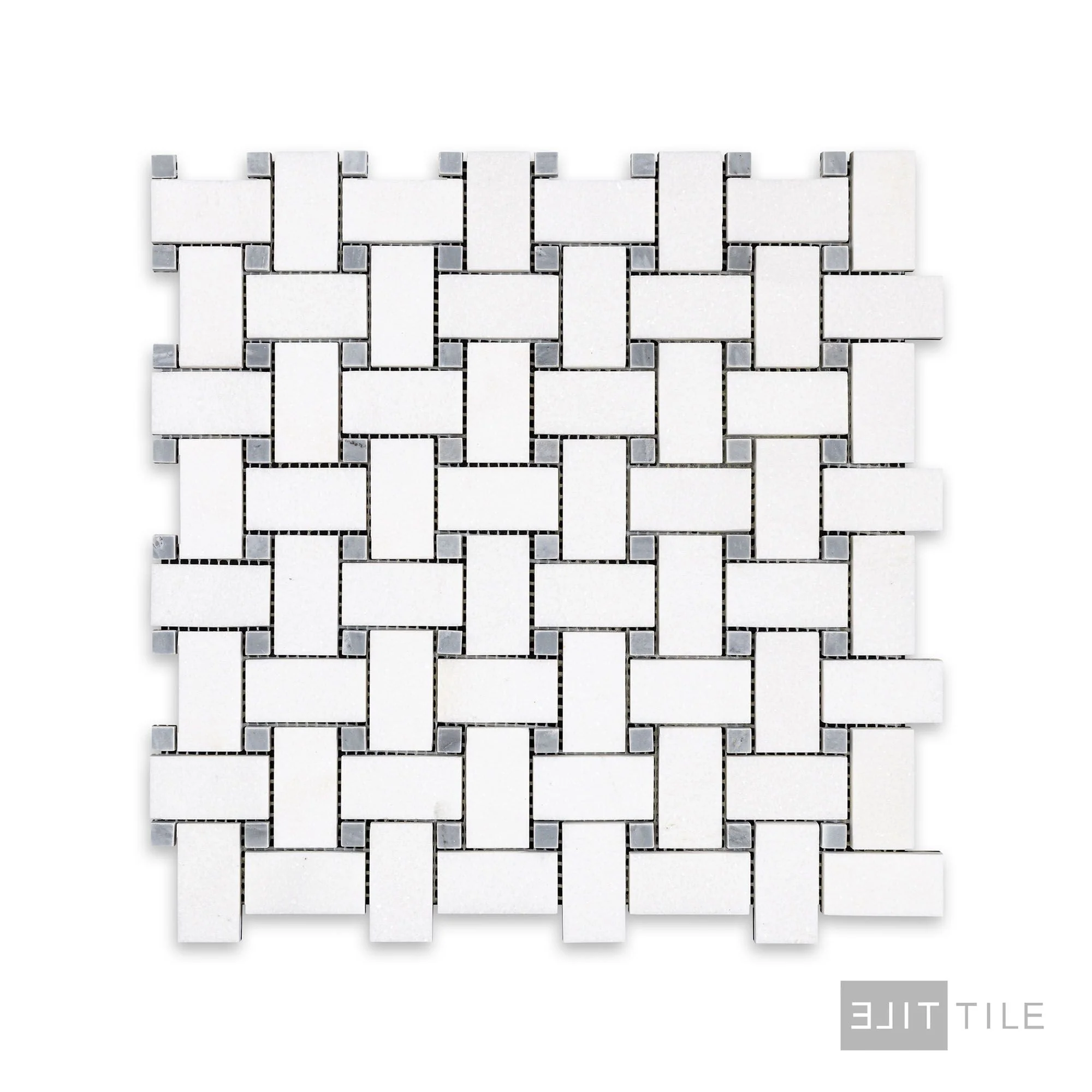 Thassos White Marble Basketweave W/ Blue Dot Honed Mosaic - Image 2