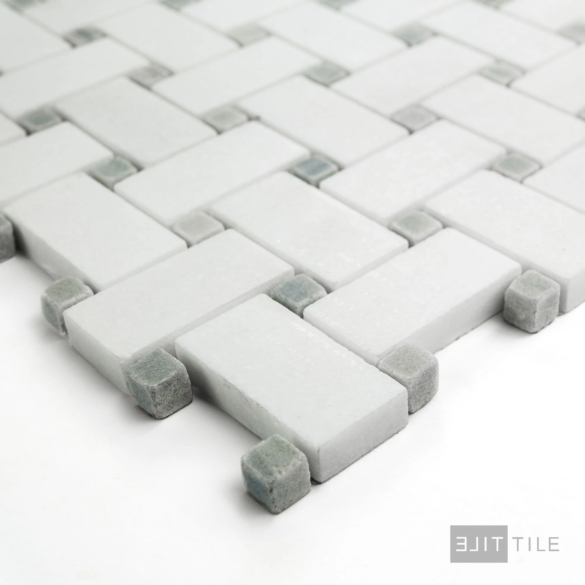 Thassos White Marble Basketweave W/ Blue Dot Honed Mosaic - Image 3