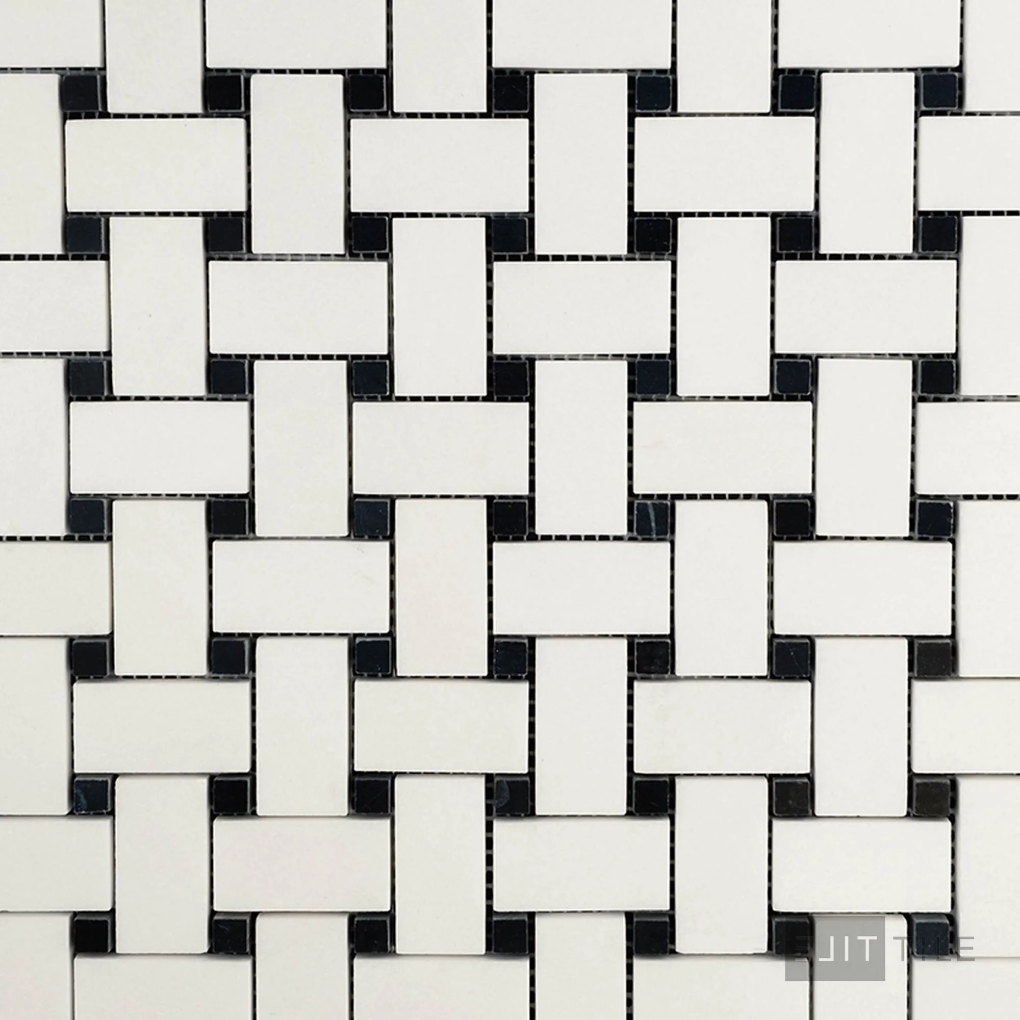Thassos White Marble Basketweave W/ Black Dot Polished Mosaic