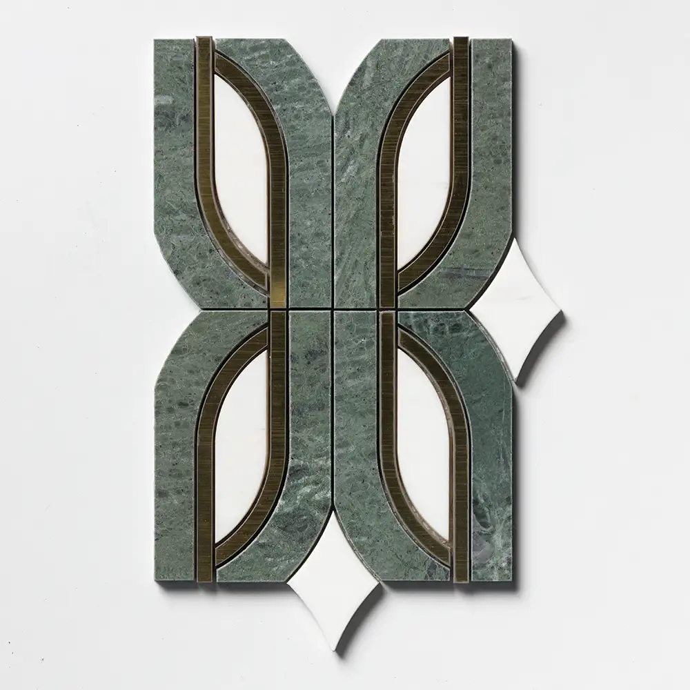 Verde Tia Honed Marble Butterfly Mosaic 7-13/16X11.75 Snow White Brass Verde Tia Honed - Image 2