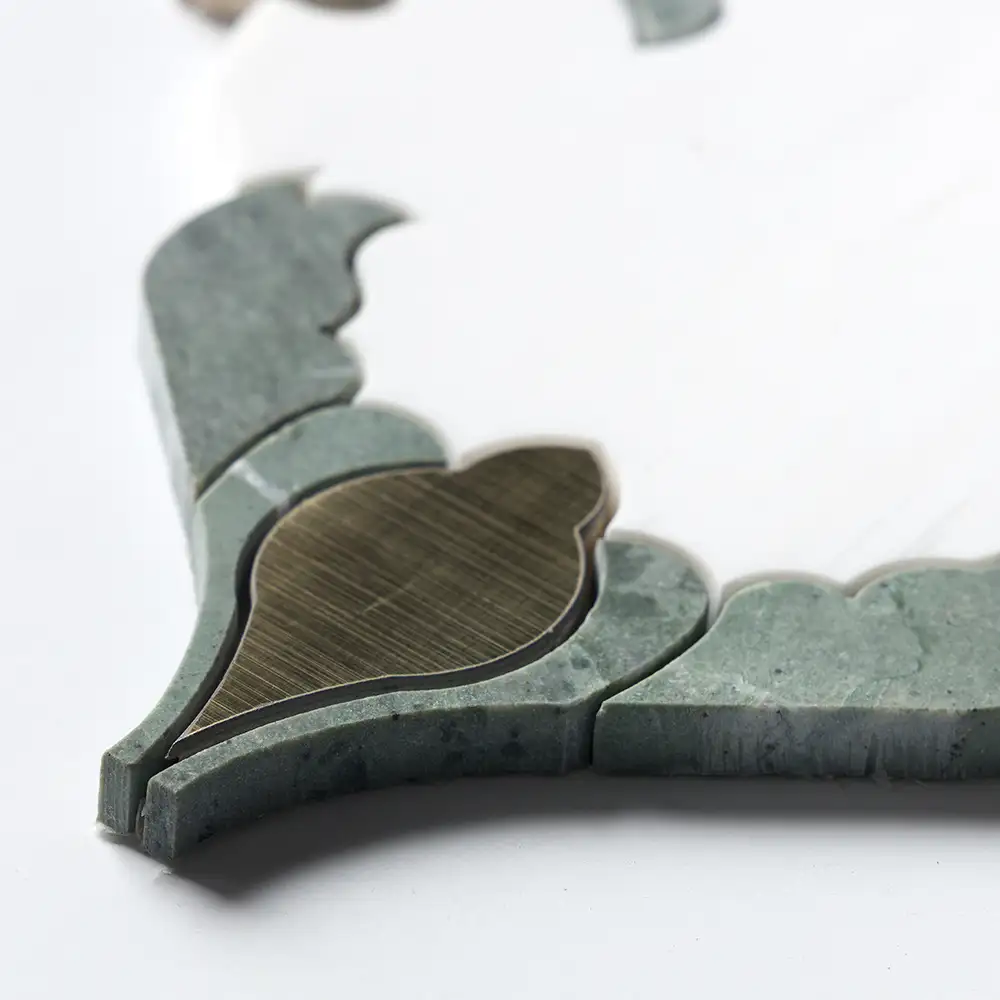 Verde Tia Honed Marble Floral Arabesque Mosaic 8-3/16X11-13/16 Snow White Brass Verde Tia Honed - Image 4