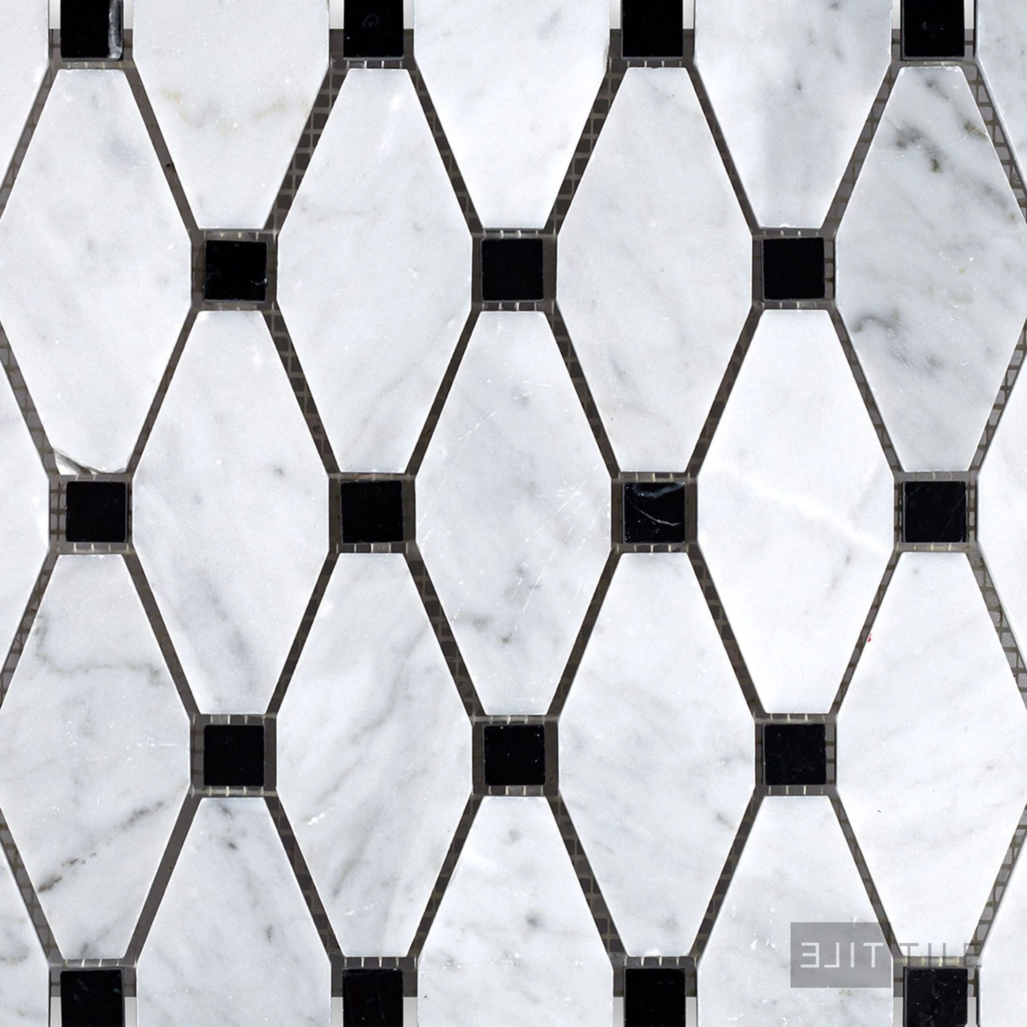 White Carrara Marble Elongated Octagon W/Black Honed Mosaic