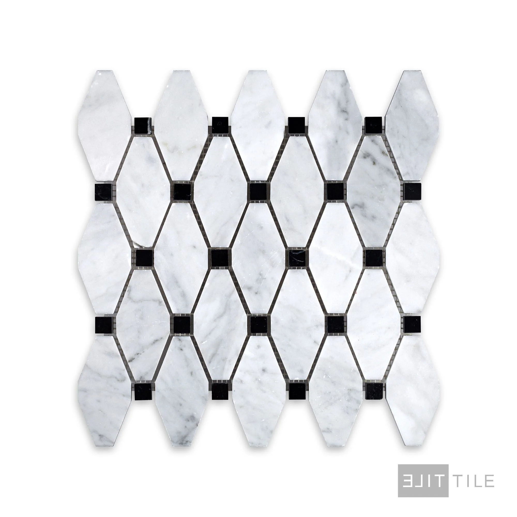White Carrara Marble Elongated Octagon W/Black Honed Mosaic - Image 2