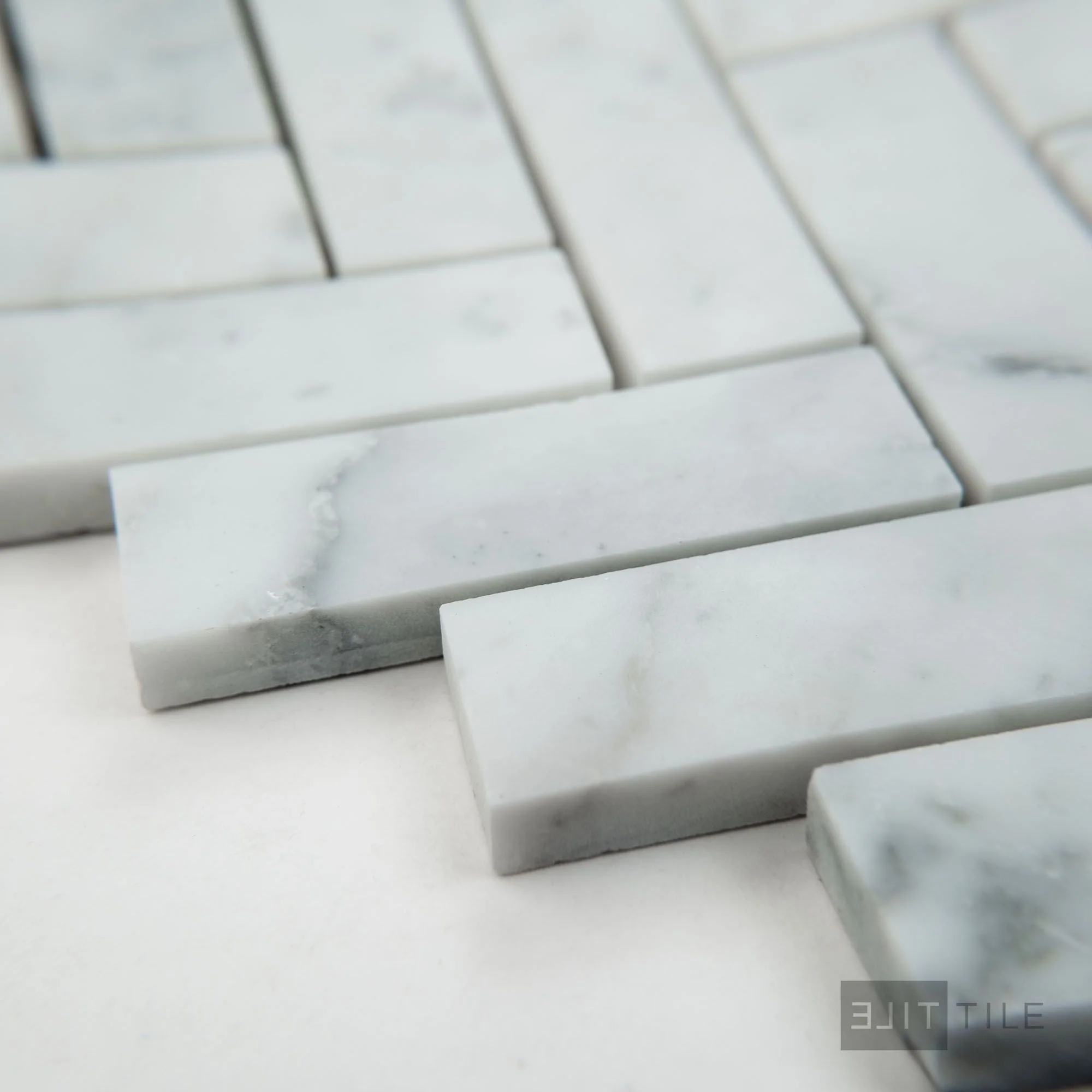 White Carrara Marble 1X3 Herringbone Honed Mosaic - Image 3