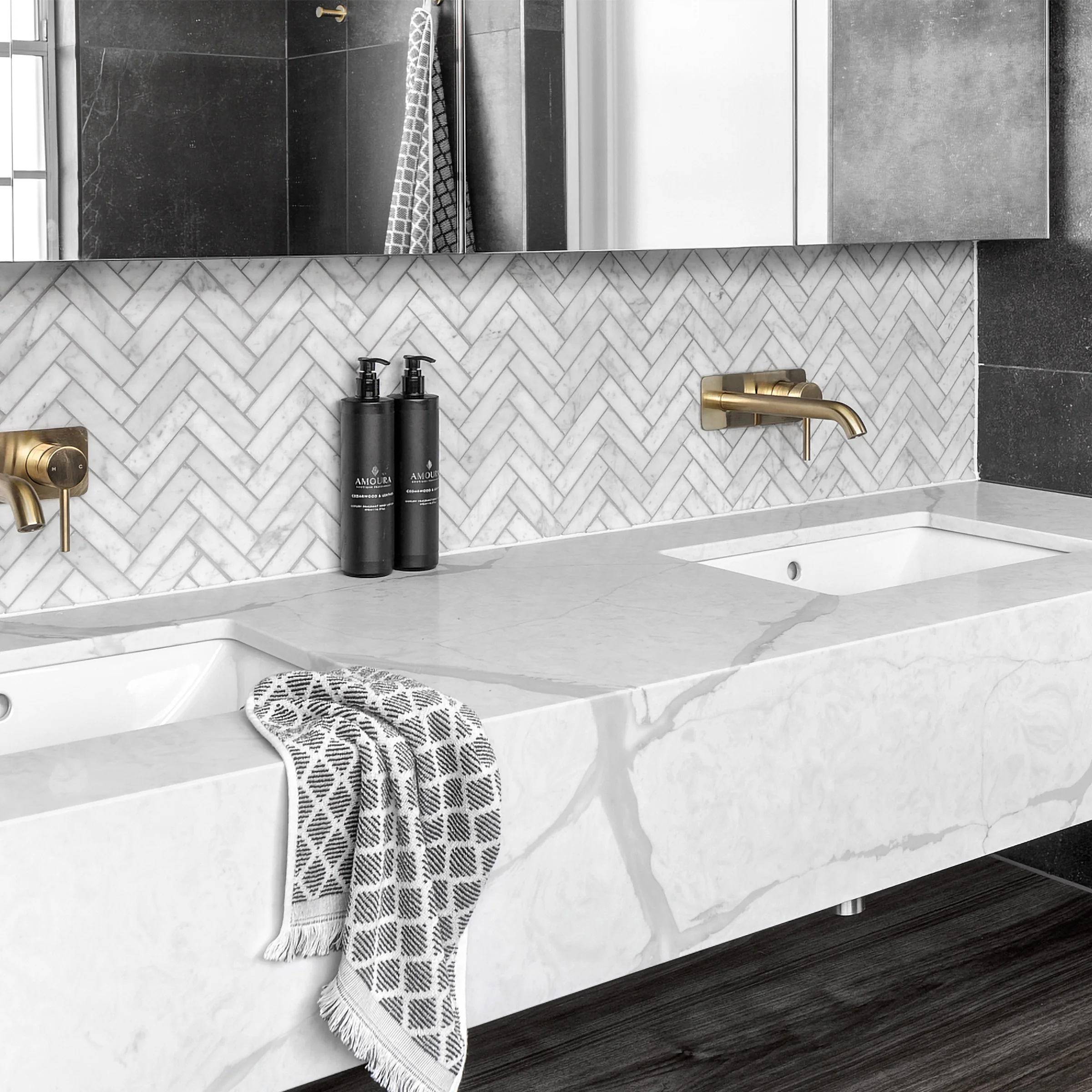 White Carrara Marble 1X4 Herringbone Honed Mosaic - Image 2
