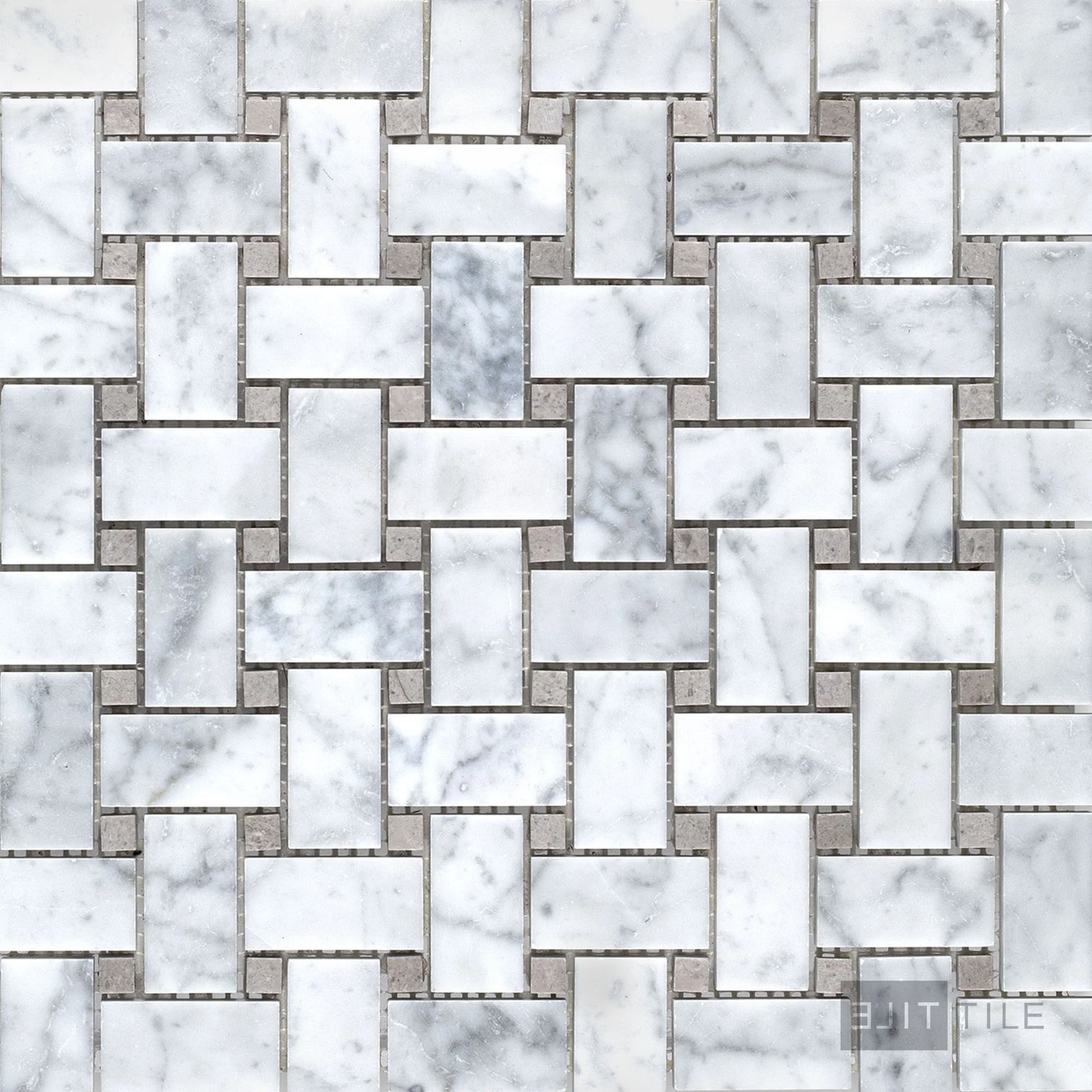White Carrara Marble Basketweave W/ Grey Dot Honed Mosaic