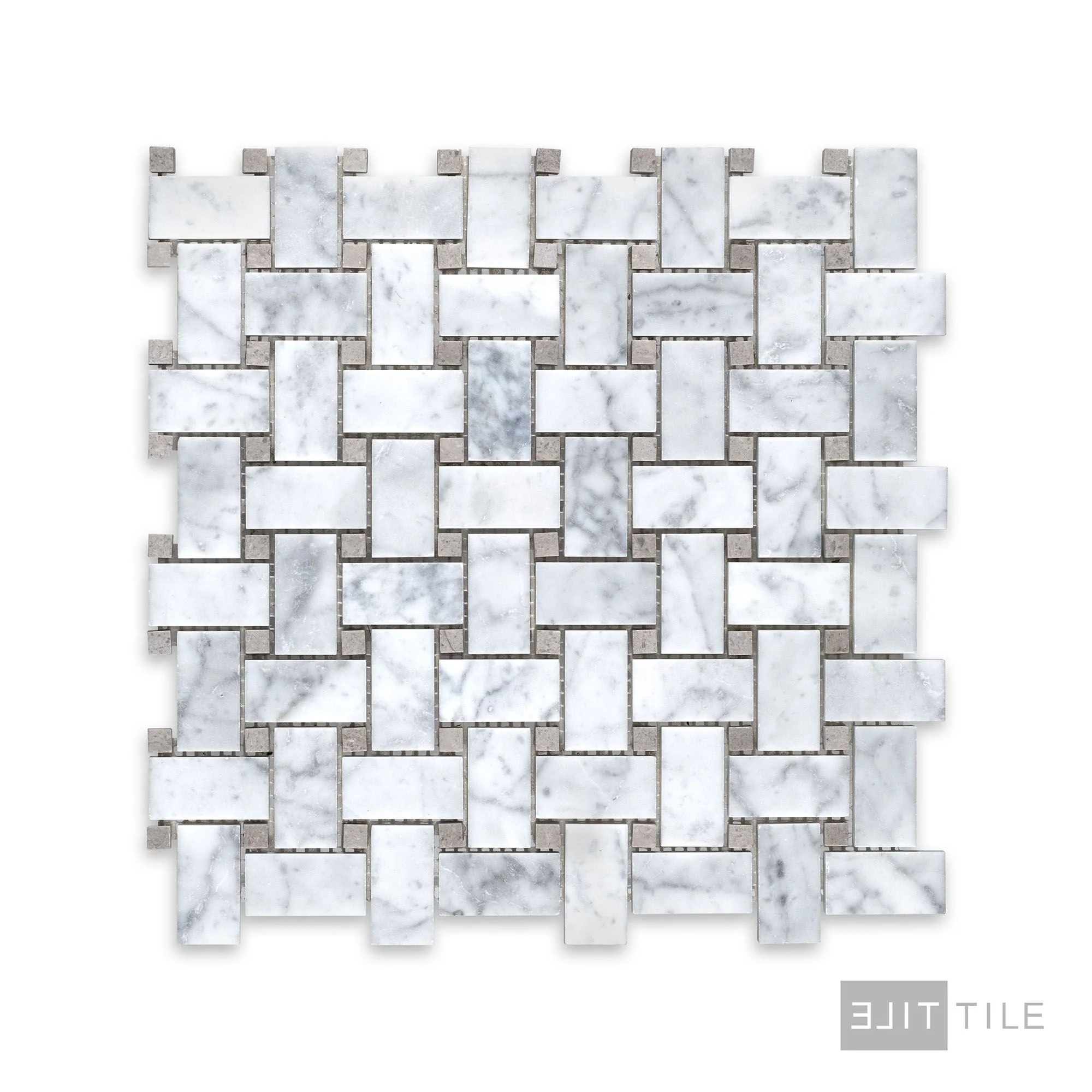 White Carrara Marble Basketweave W/ Grey Dot Honed Mosaic - Image 2