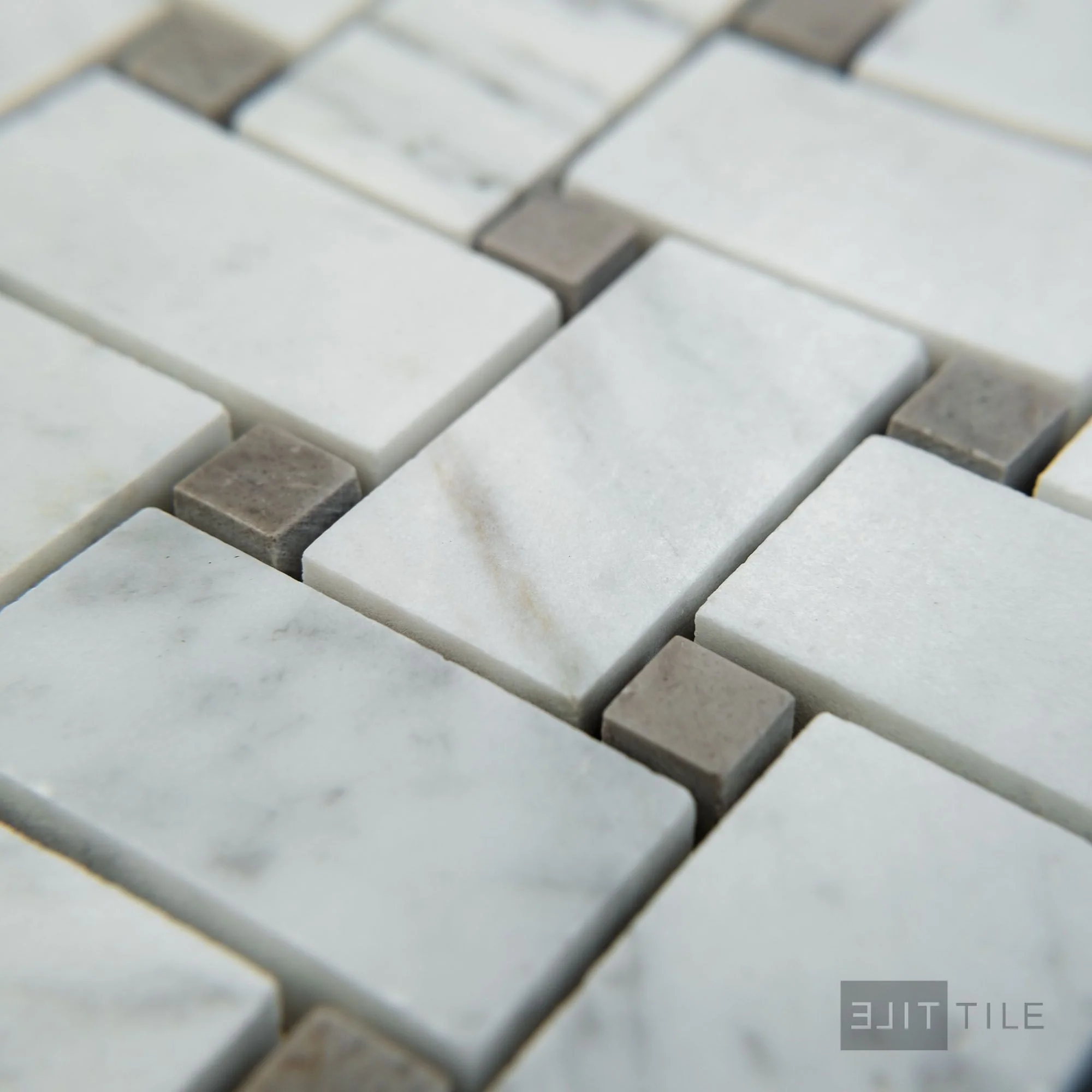 White Carrara Marble Basketweave W/ Grey Dot Honed Mosaic - Image 3