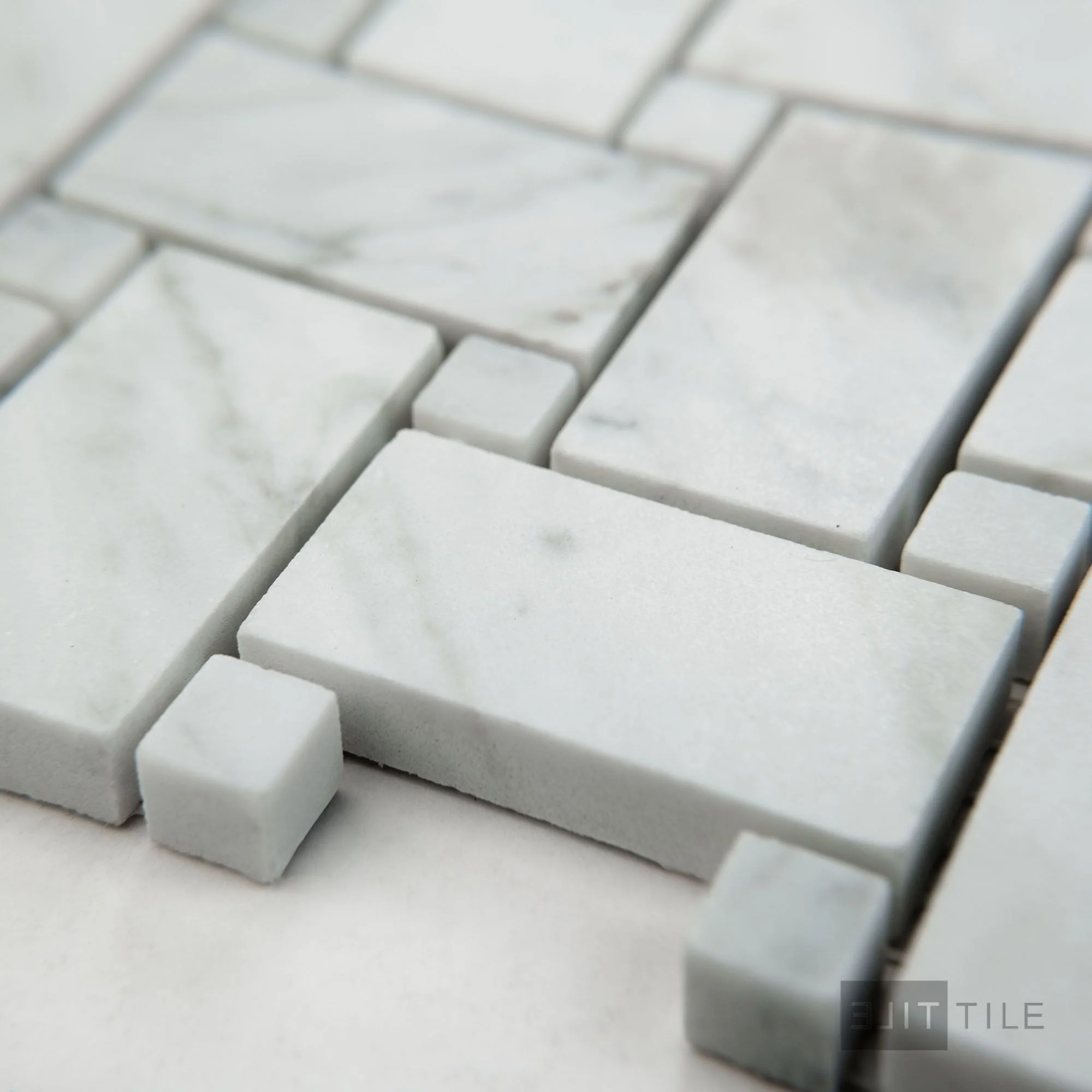 White Carrara Marble Basketweave W/ White Dot Honed Mosaic - Image 3