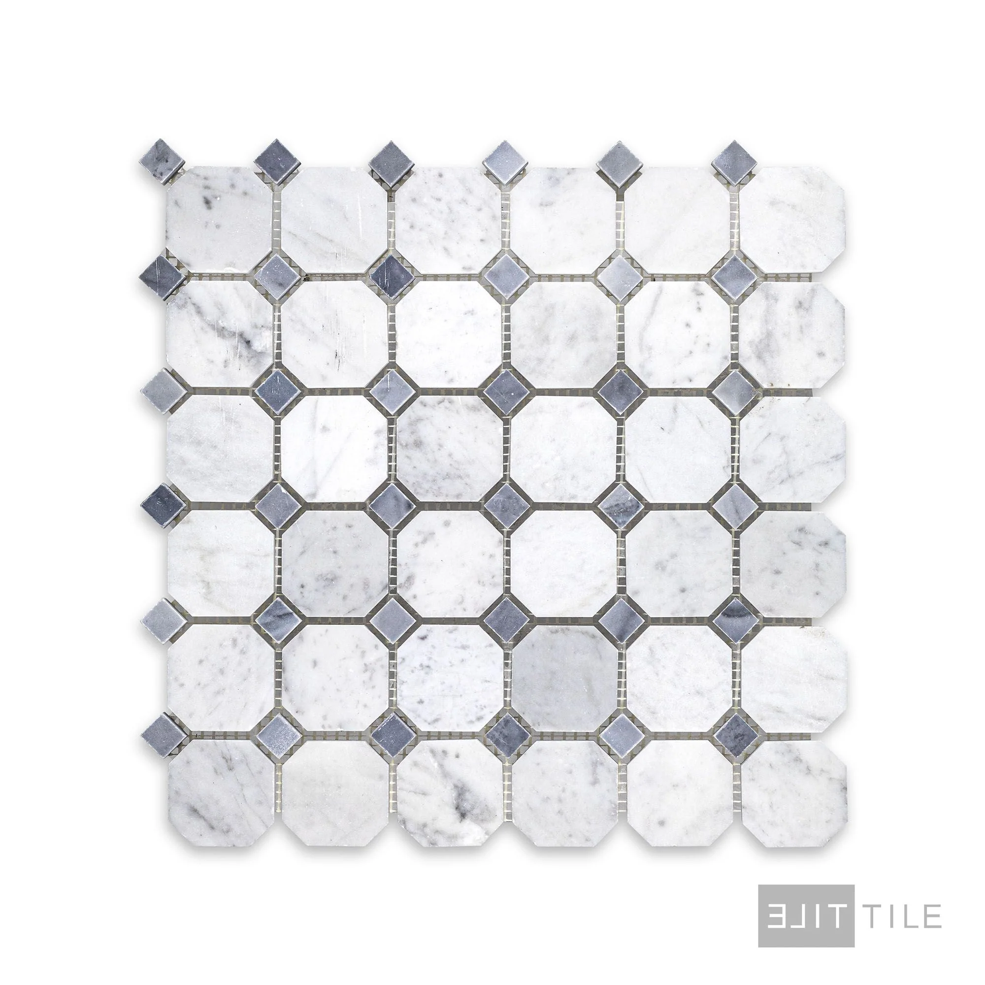 White Carrara Marble Octagon W/Blue Dot Honed Mosaic - Image 2