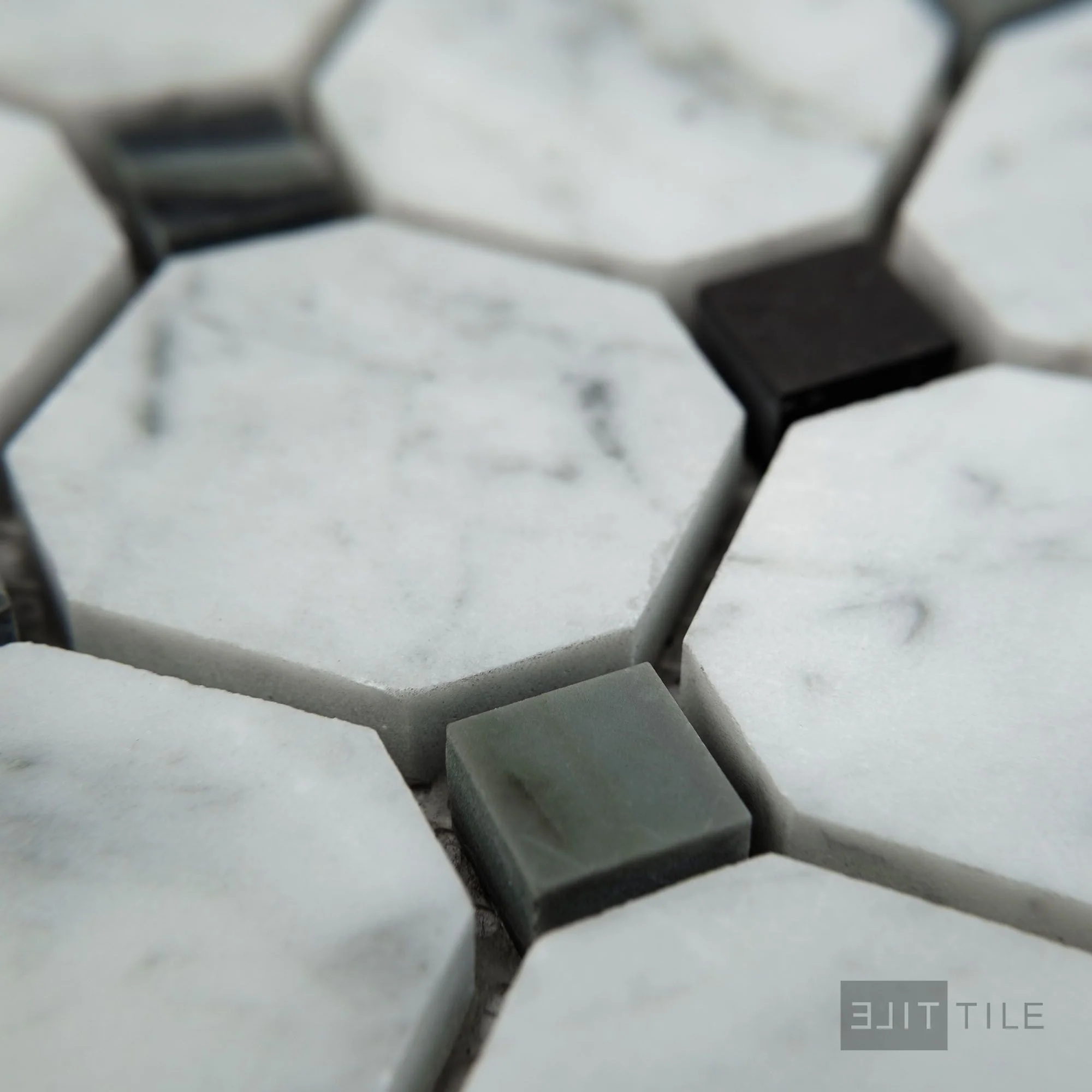White Carrara Marble Octagon W/Blue Dot Honed Mosaic - Image 3