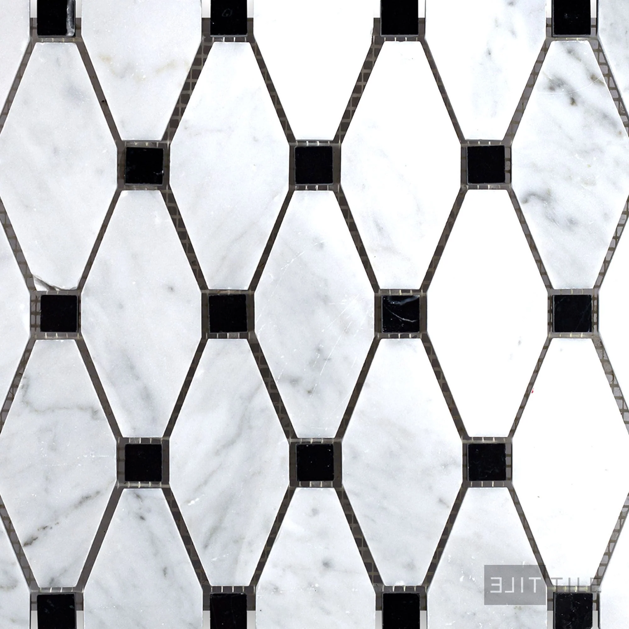 White Carrara Marble Elongated Octagon W/Black Polished Mosaic