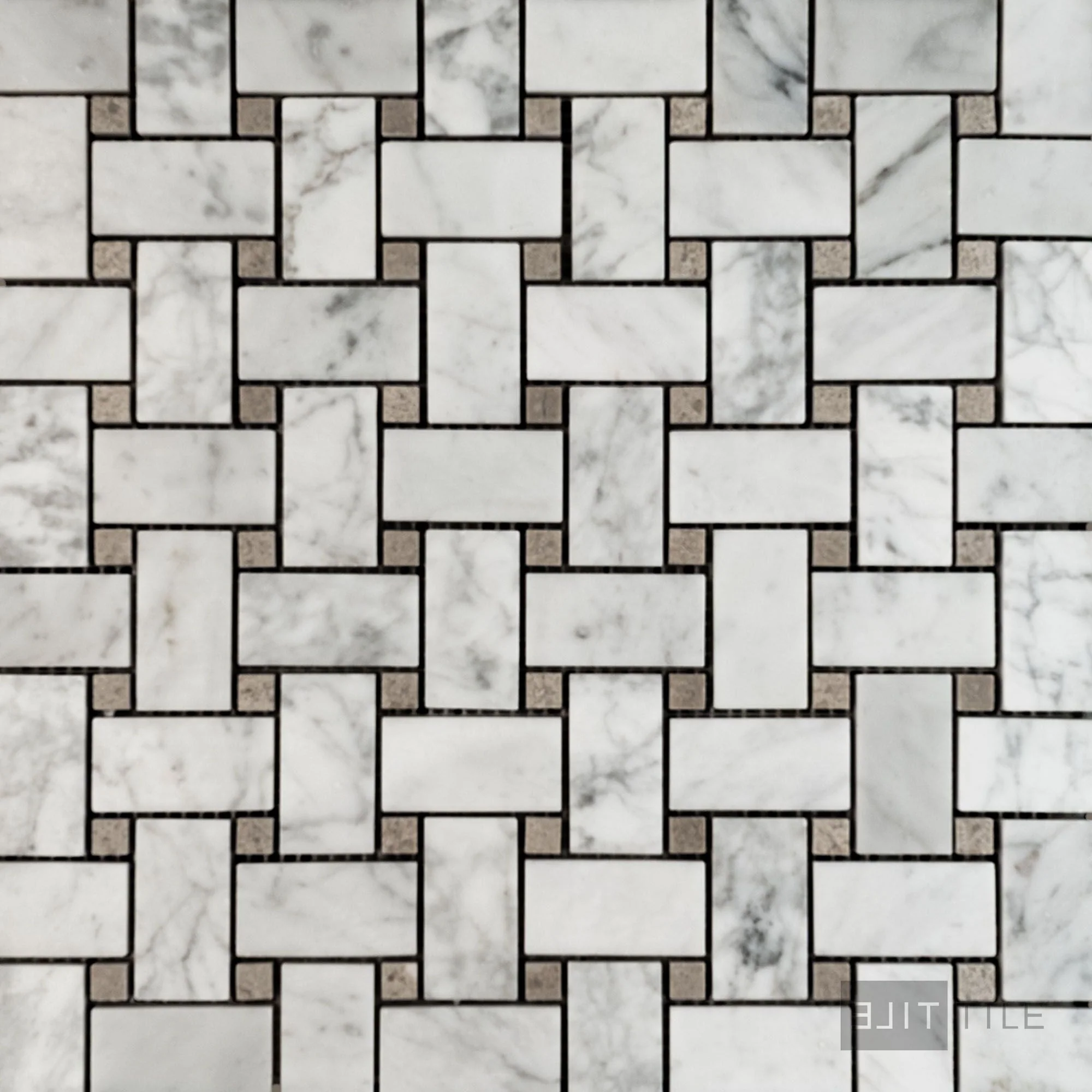 White Carrara Marble Basketweave W/ Grey Dot Polished Mosaic