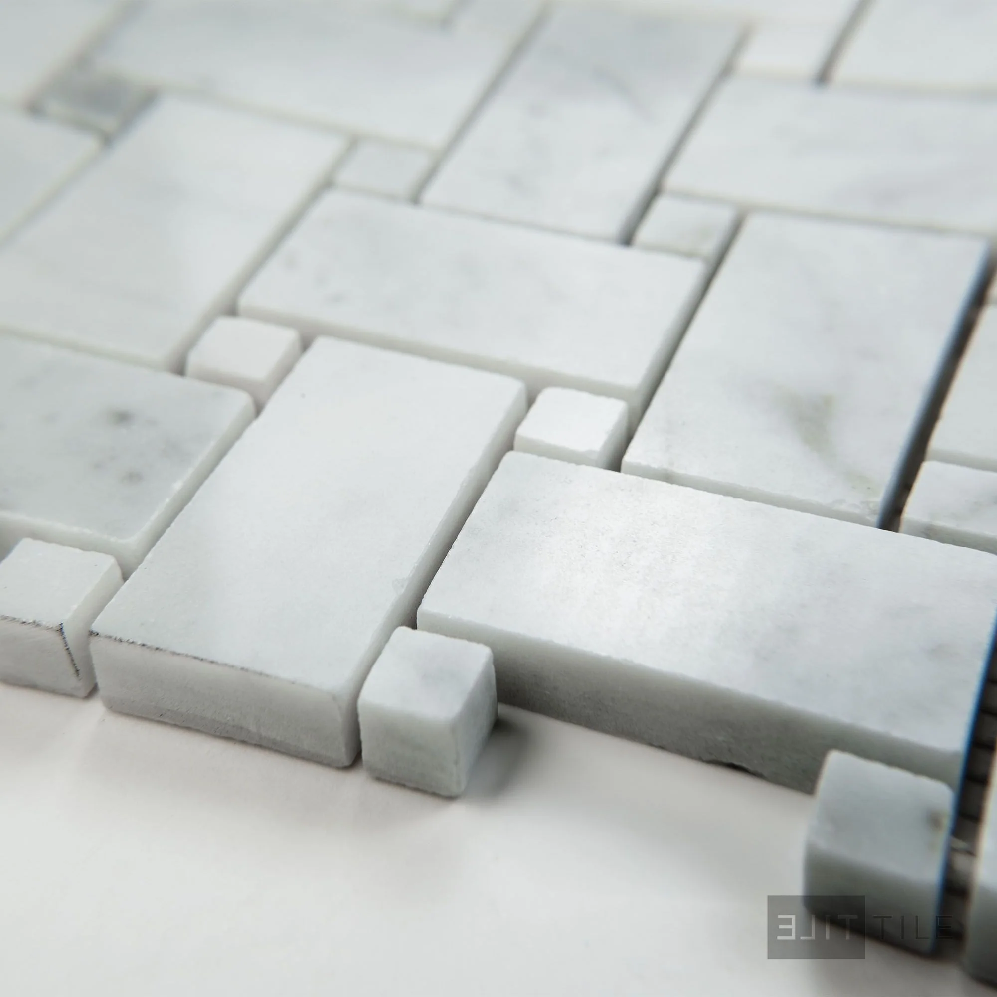White Carrara Marble Basketweave W/ White Dot Polished Mosaic - Image 3