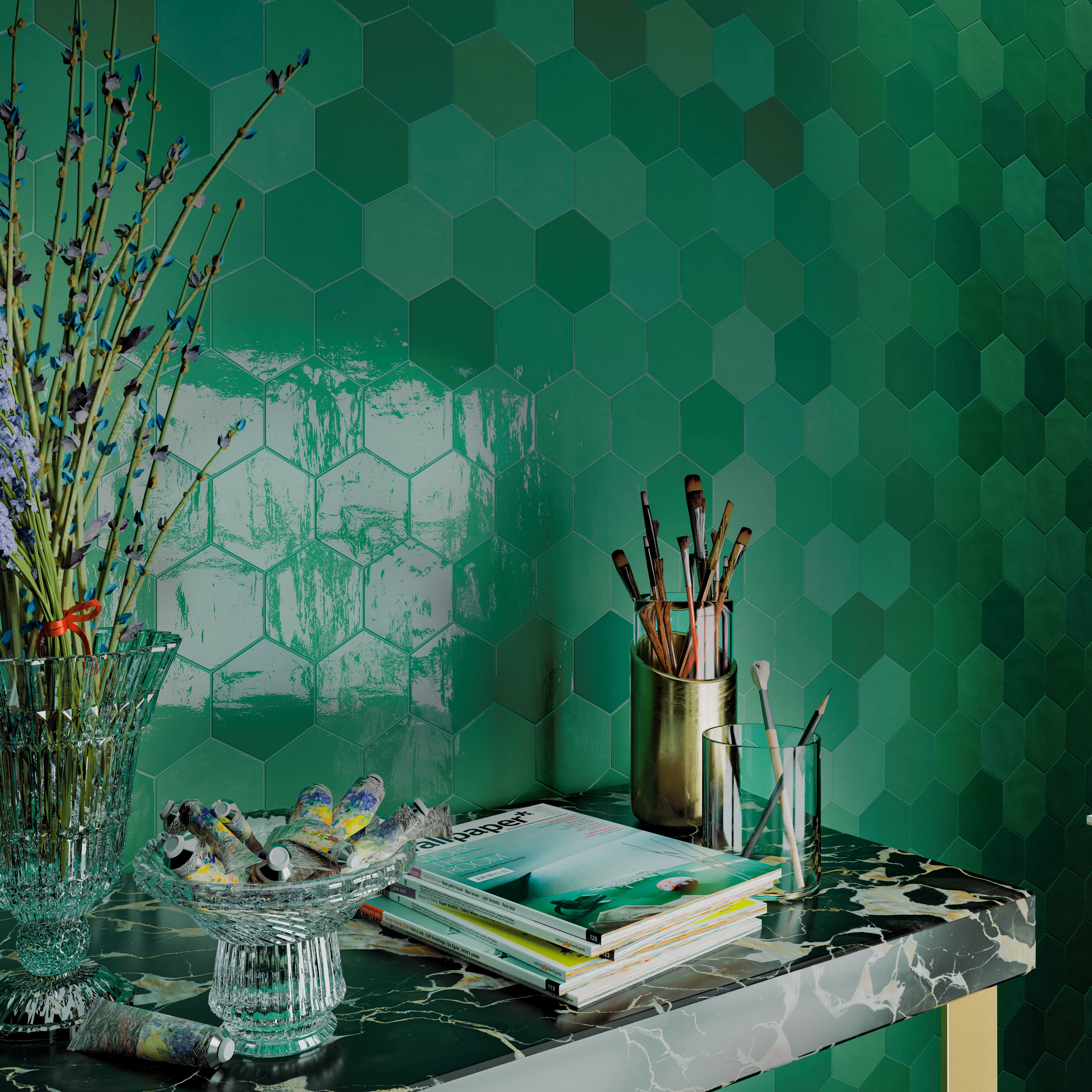 Zellige Hexa Glossy 4X5 Emerald - Image 2